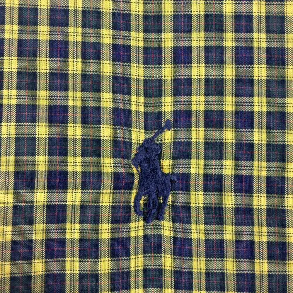 Polo Ralph Lauren Mens Plaid Button Down Shirt Yellow Navy Blue‎ Cotton Size M
